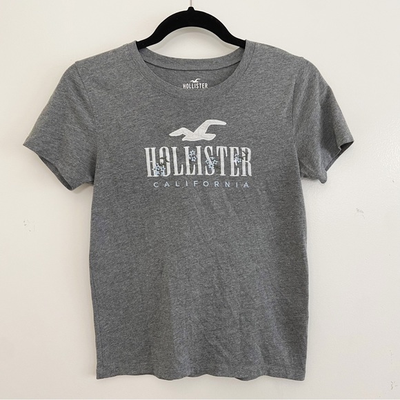 NWOT Hollister Embroidered Scoop Neck T-Shirt Gray X-Small - Picture 1 of 3
